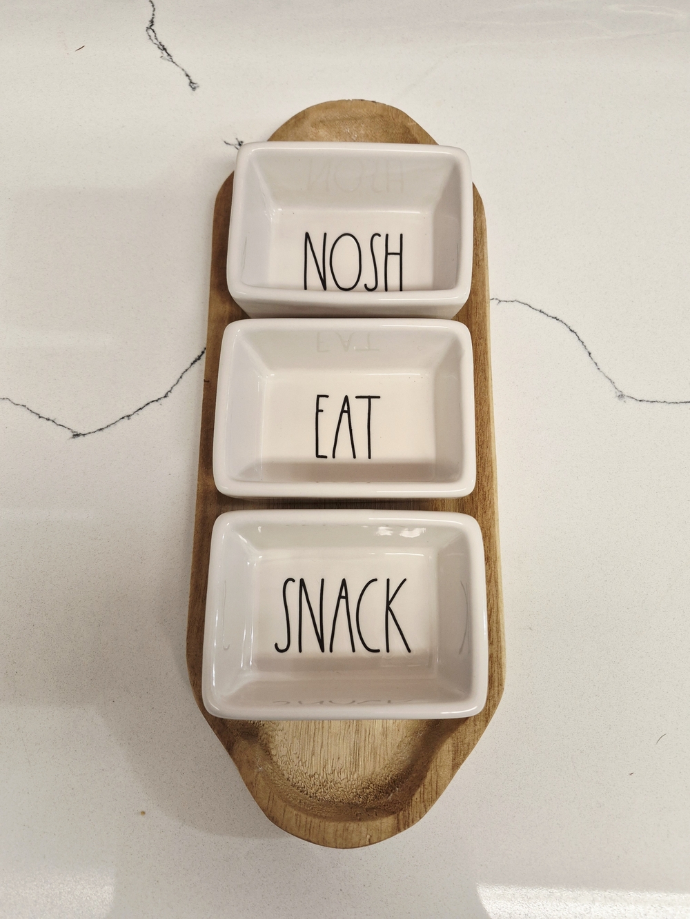 Rae Dunn White Ceramic NOSH EAT SNACK Trio with Wood Serving Tray